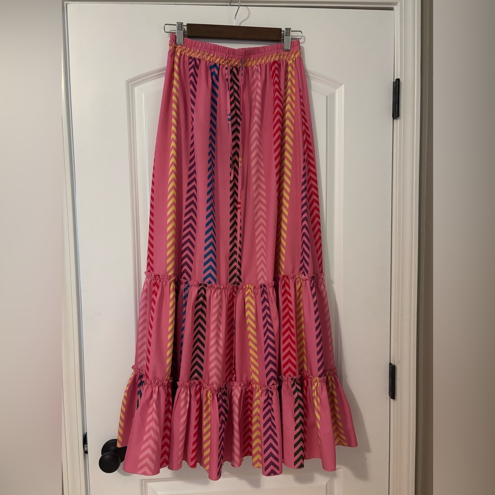 Pink Chevron Maxi Skirt with Tiered Ruffle Hem